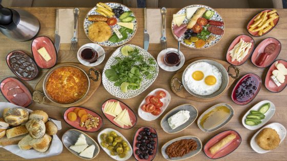 Breakfast table. Traditional Turkish Breakfast Table (Serpme Kahvaltı). Turkish style breakfast.